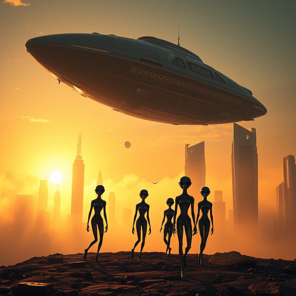 Aliens Arrive in Futuristic City at Sunset