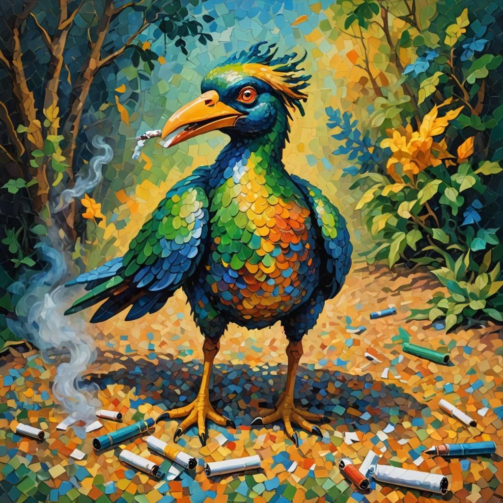 Anthropomorphic Bird Rolls Cigarette in Pointillism Style
