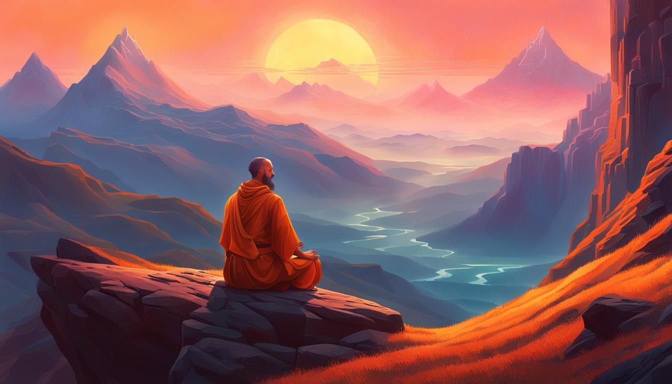 Monk Meditating on Mountain at Sunrise in Fantasy Style
