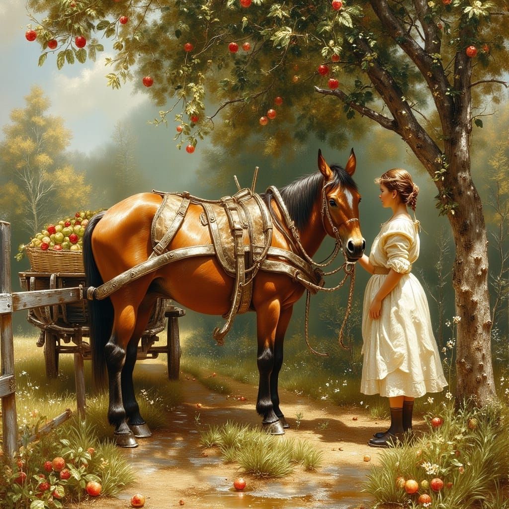 Realistic Mule with Apple Wagon and Girl in Orchard