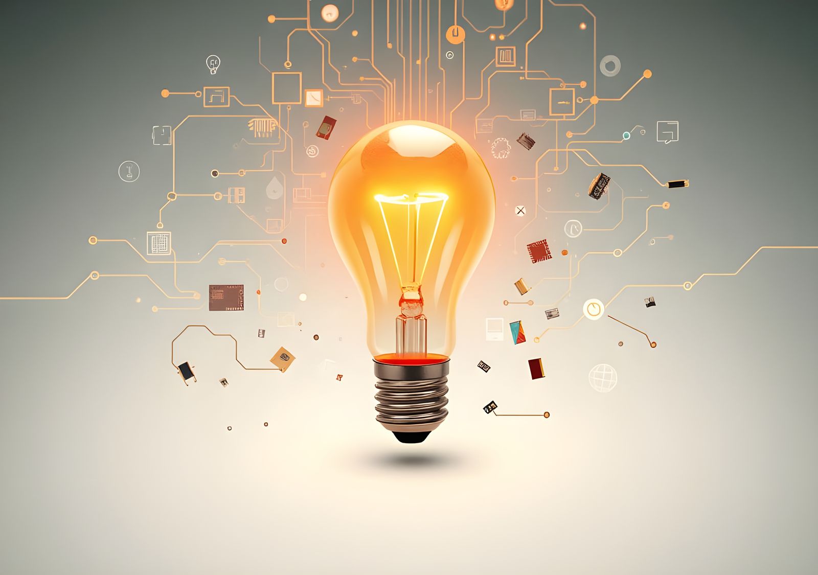 Idea Lightbulb with Technology Icons in Detailed Painting