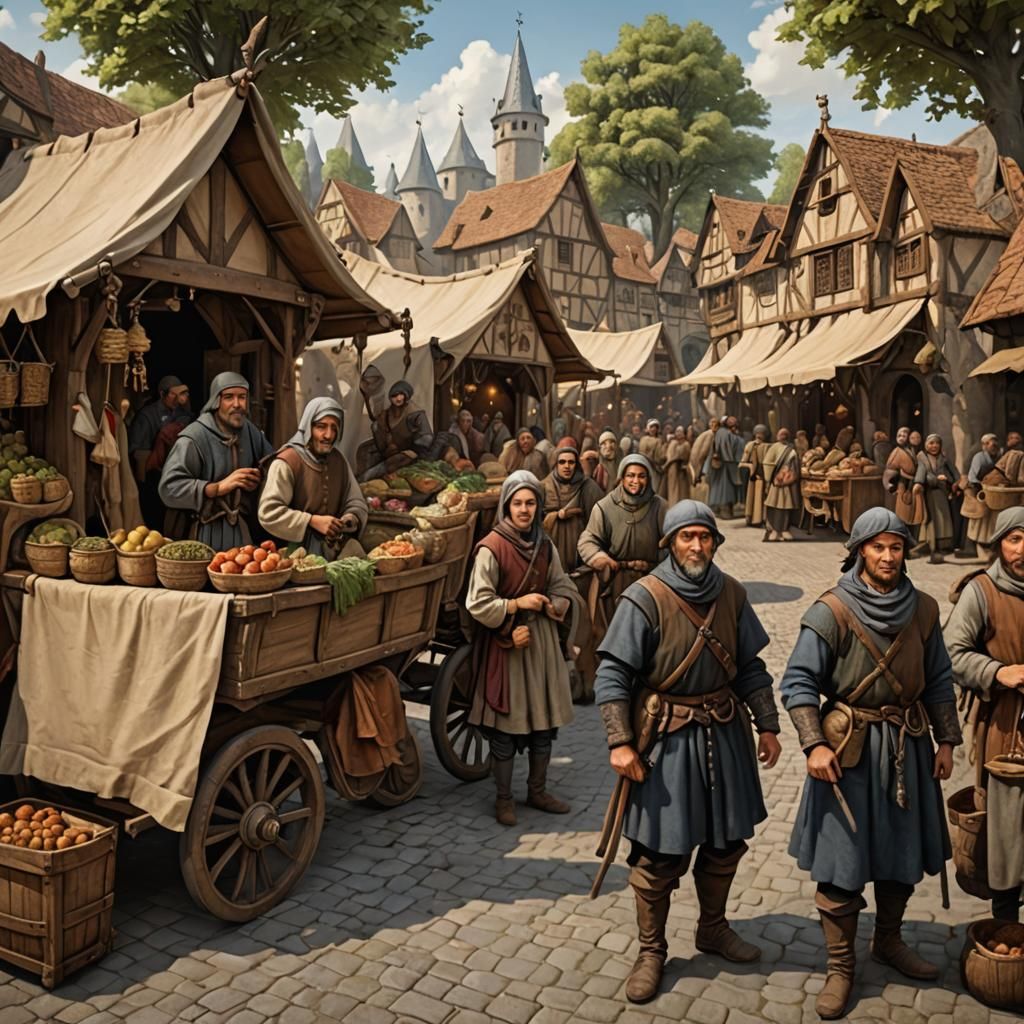 Bustling Medieval Market Scene with Merchant Caravan