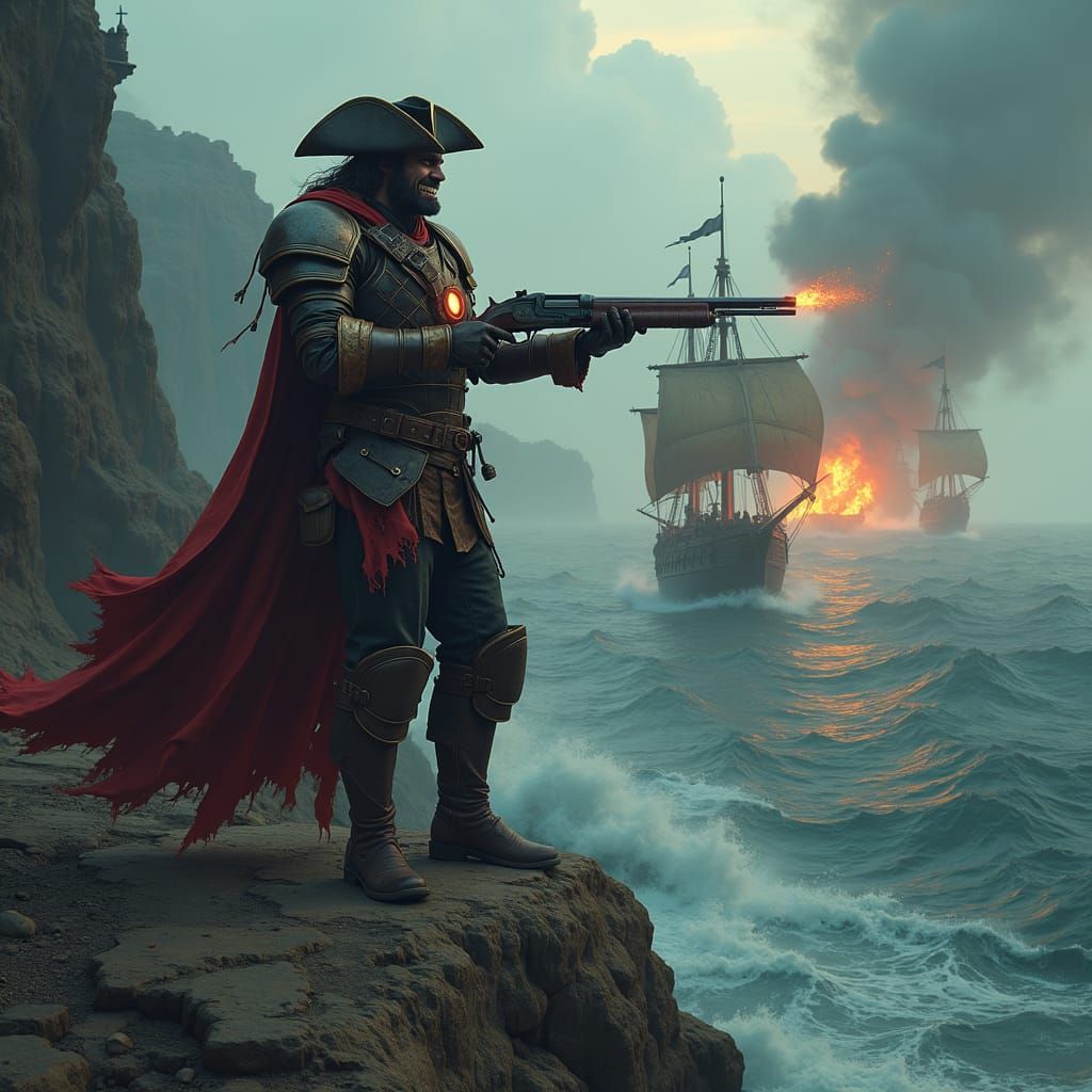 Sinister Iron Man Pirate on Burning Cliffside