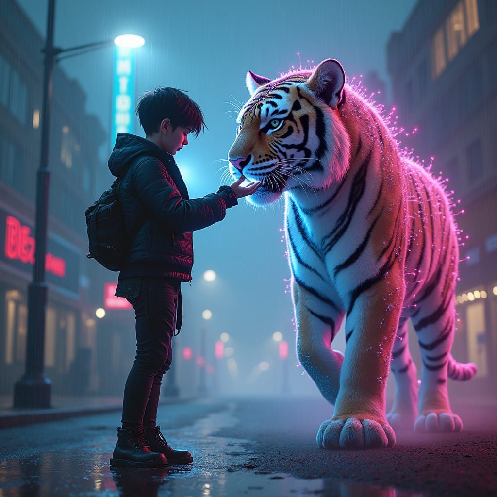 Cyberpunk Goddess Prays to Glitchcore Tiger in Dystopian Nig...