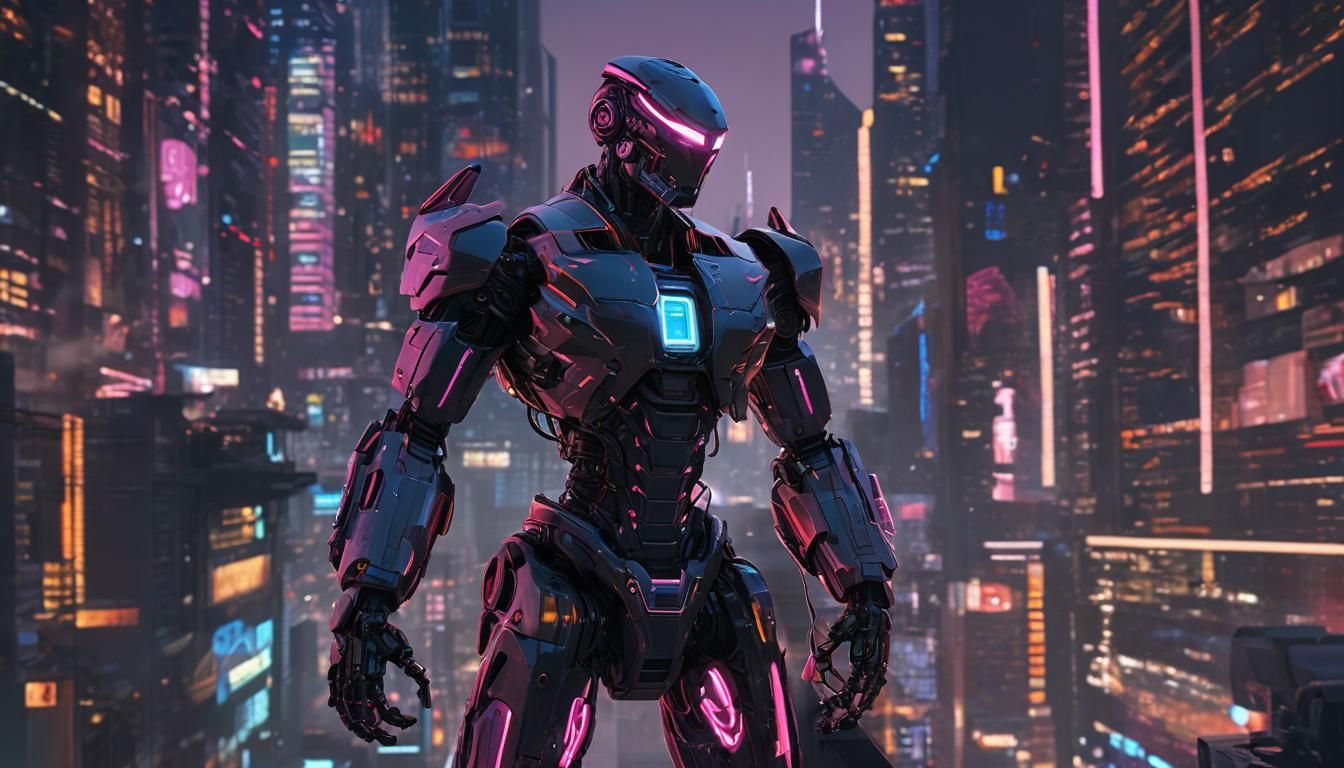 Futuristic Robot in Neon Cityscape Concept Art