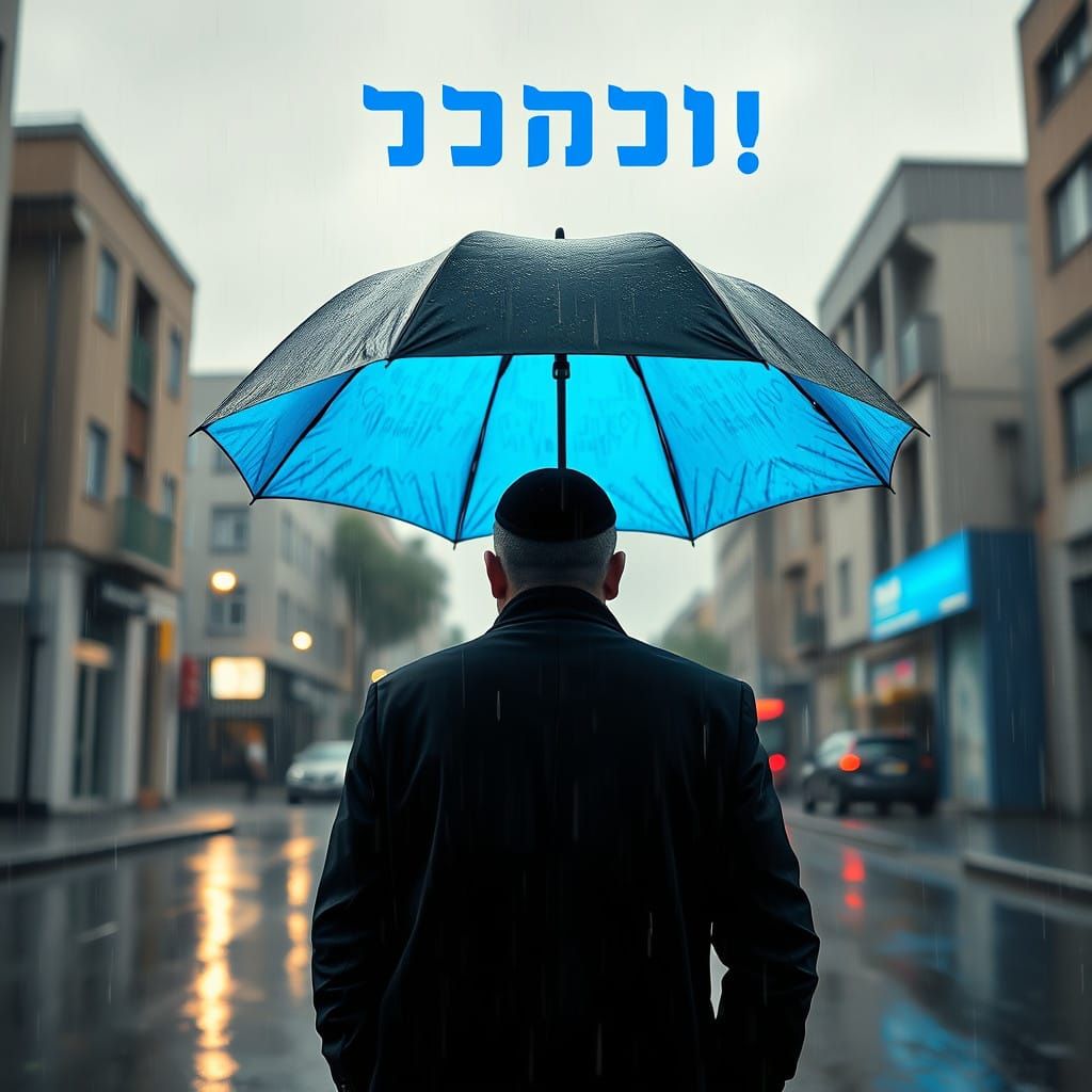 Sleek Haredi Figure Emerges in Futuristic Rainy Cityscape