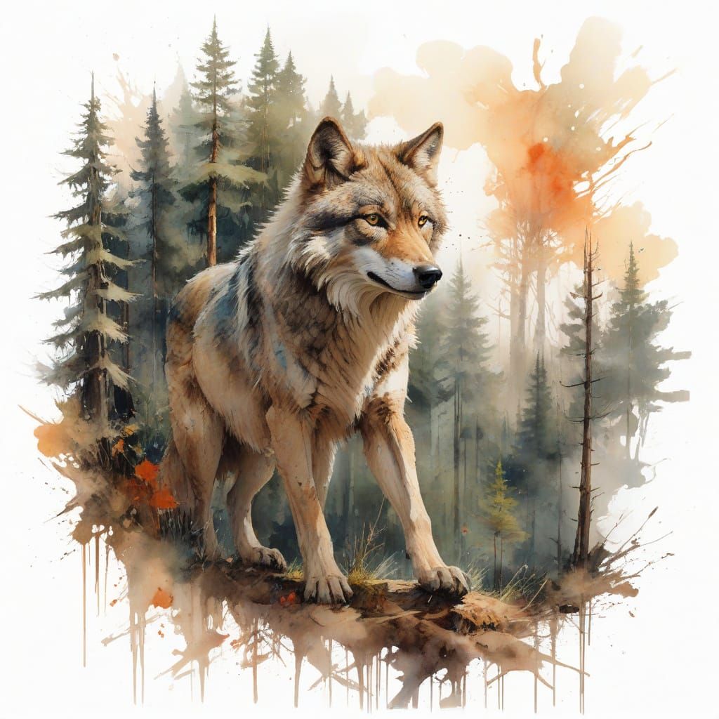 Majestic Wolf Howling in Pine Forest as Watercolour