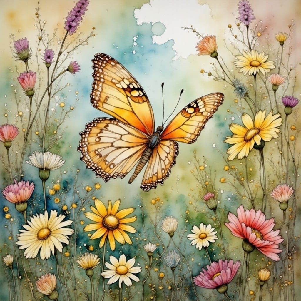 Wildflowers and Butterflies in Impressionistic Style