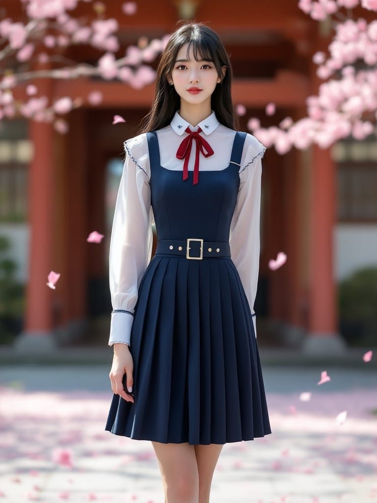 Elegant Japanese Schoolgirl at Shrine with Cherry Blossoms