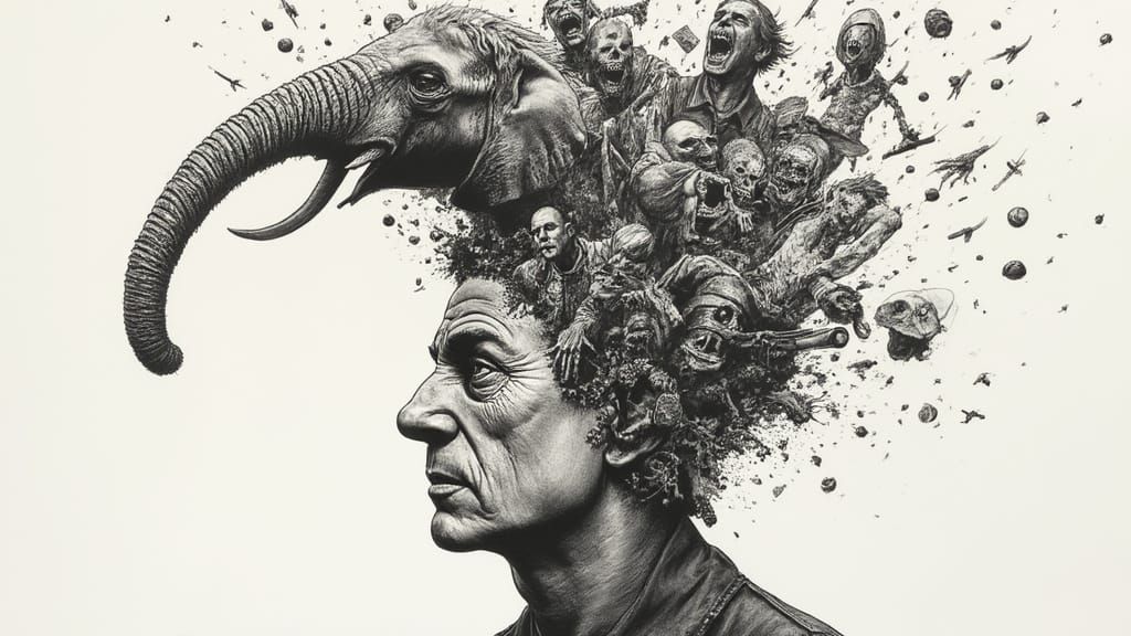 Diverse Characters Erupting from Head Profile, Ink Wash Styl...