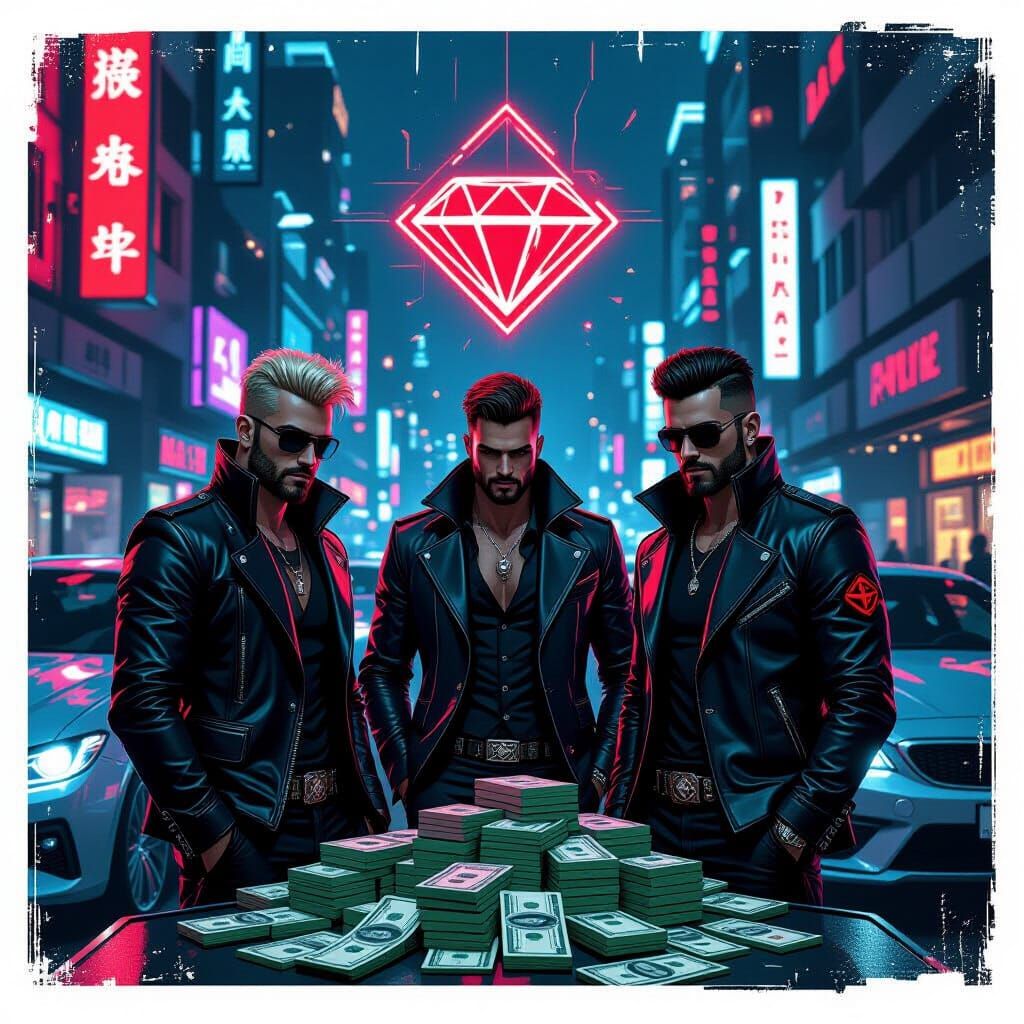 Cyberpunk Gangsters with Diamond Logo in Futuristic Cityscap...