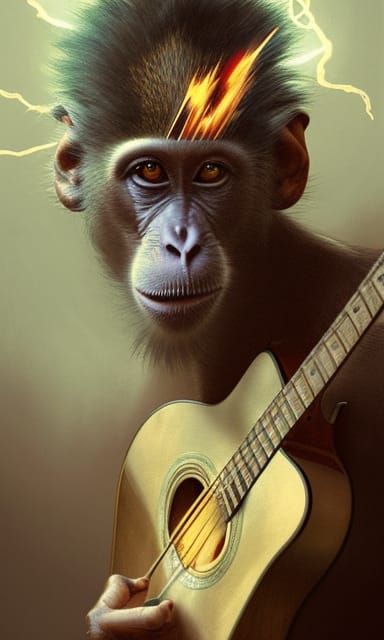 Monkey Guitarist with Lightning, Hyperdetailed Digital Art
