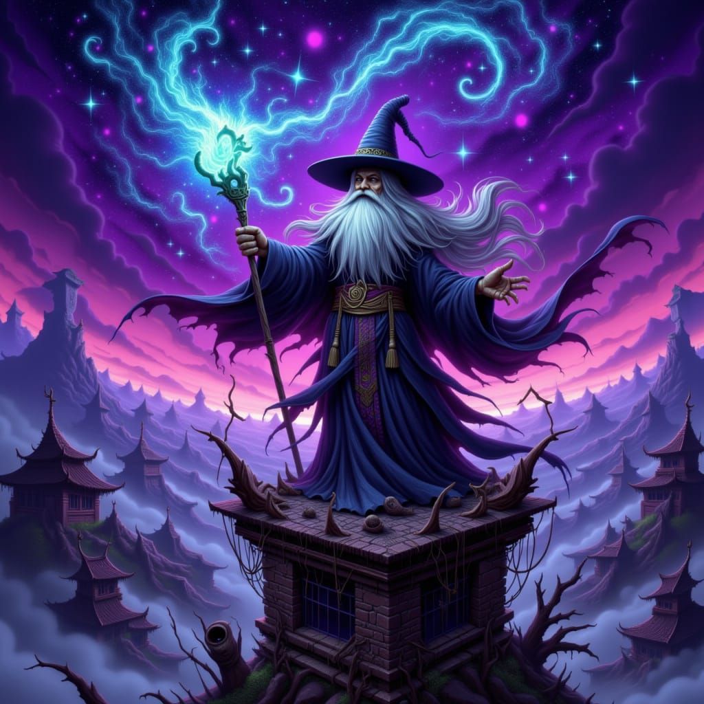 Wizard on Tower Over Misty Valley in Dark Fantasy Style
