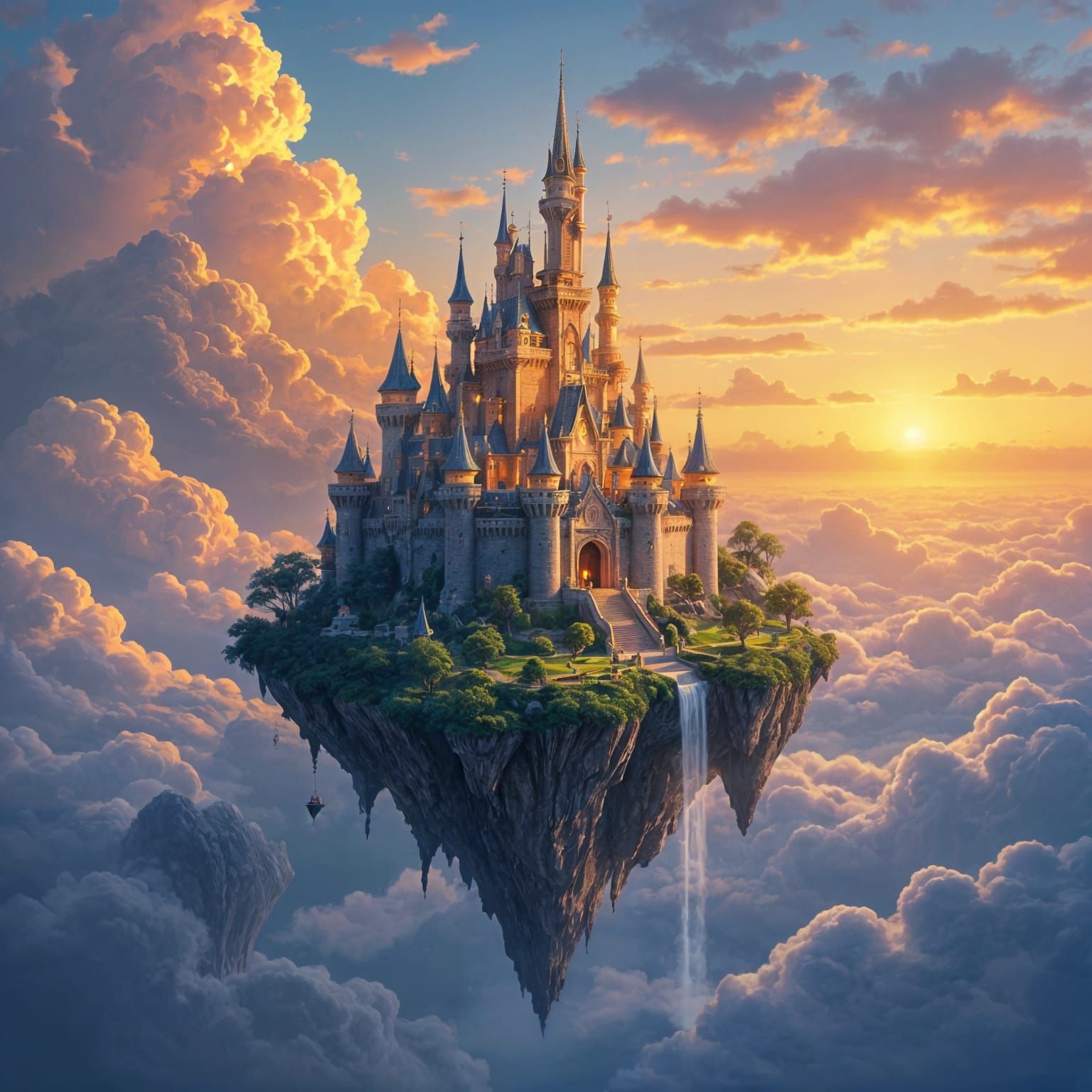 Magical Floating Island Castle Above Clouds, Vibrant Digital...