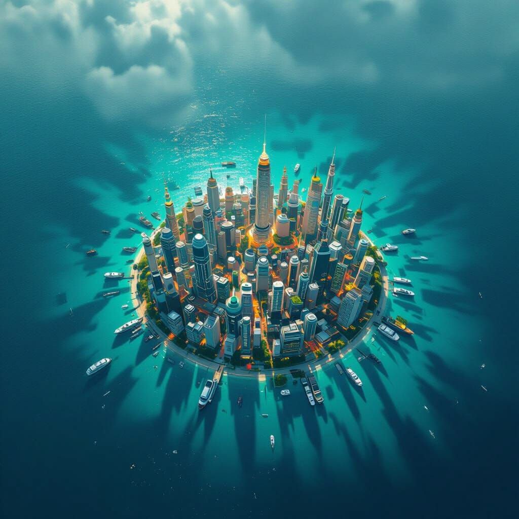 Futuristic Island City Floating on Blue Water