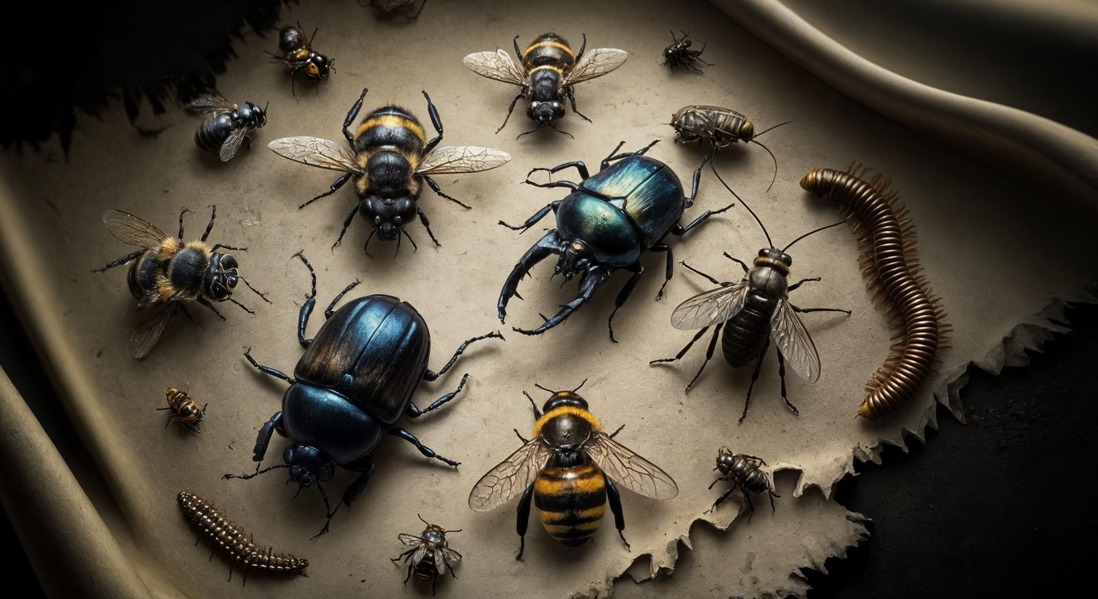 Photorealistic Top View of Dead Insects on Shroud