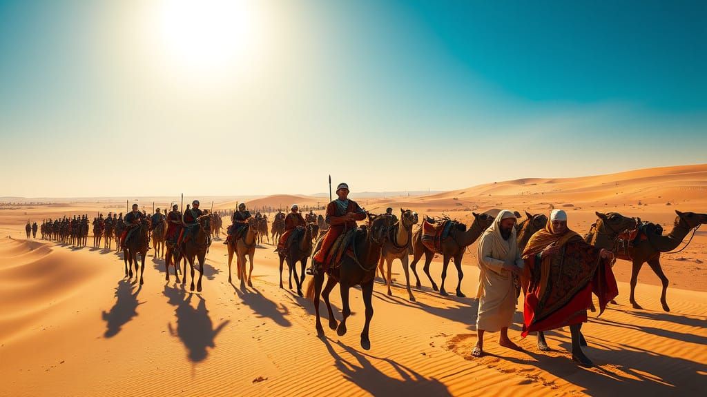 Merchant Caravan Crosses Arid Desert Landscape in Vibrant Co...