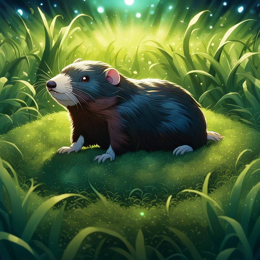 Garden Mole on Space Grass: Cel-Shaded Anime Art