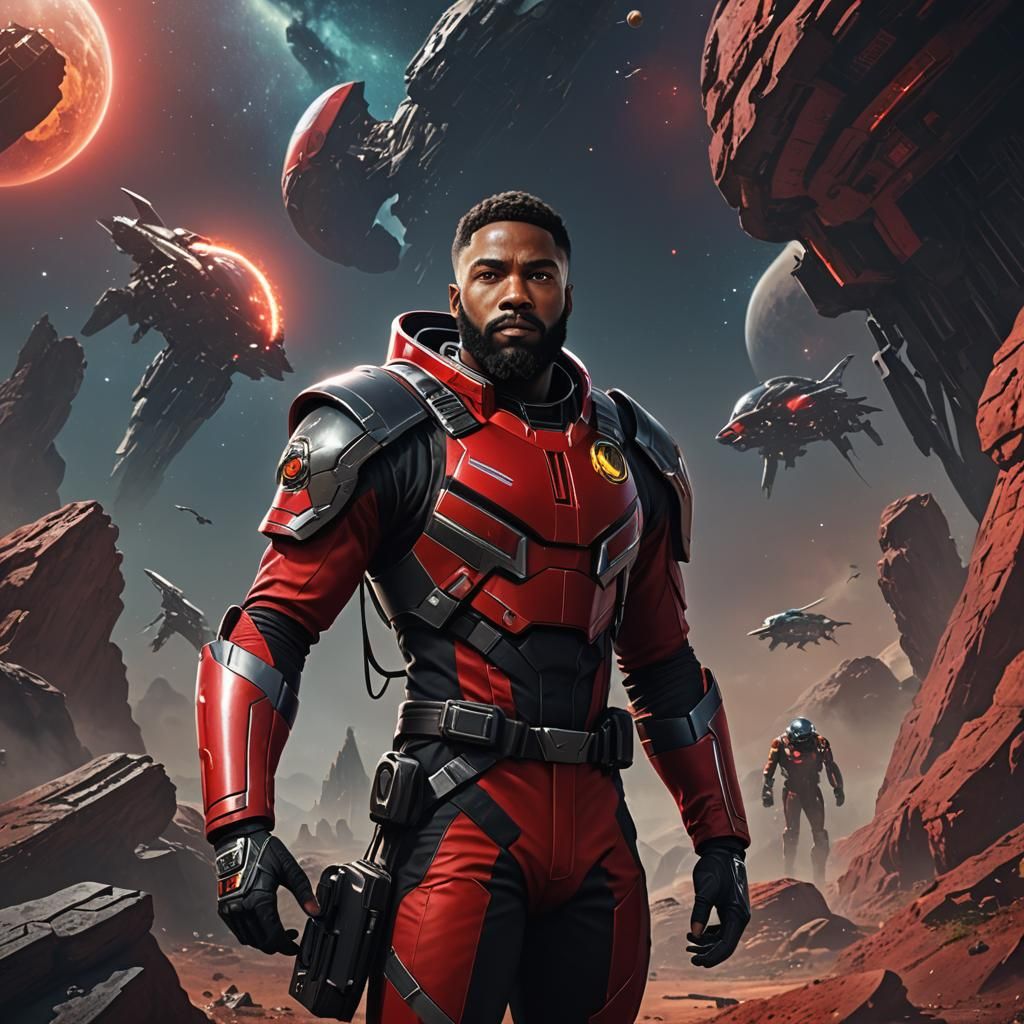 Black Space Ranger in Red Suit: Detailed Matte Painting