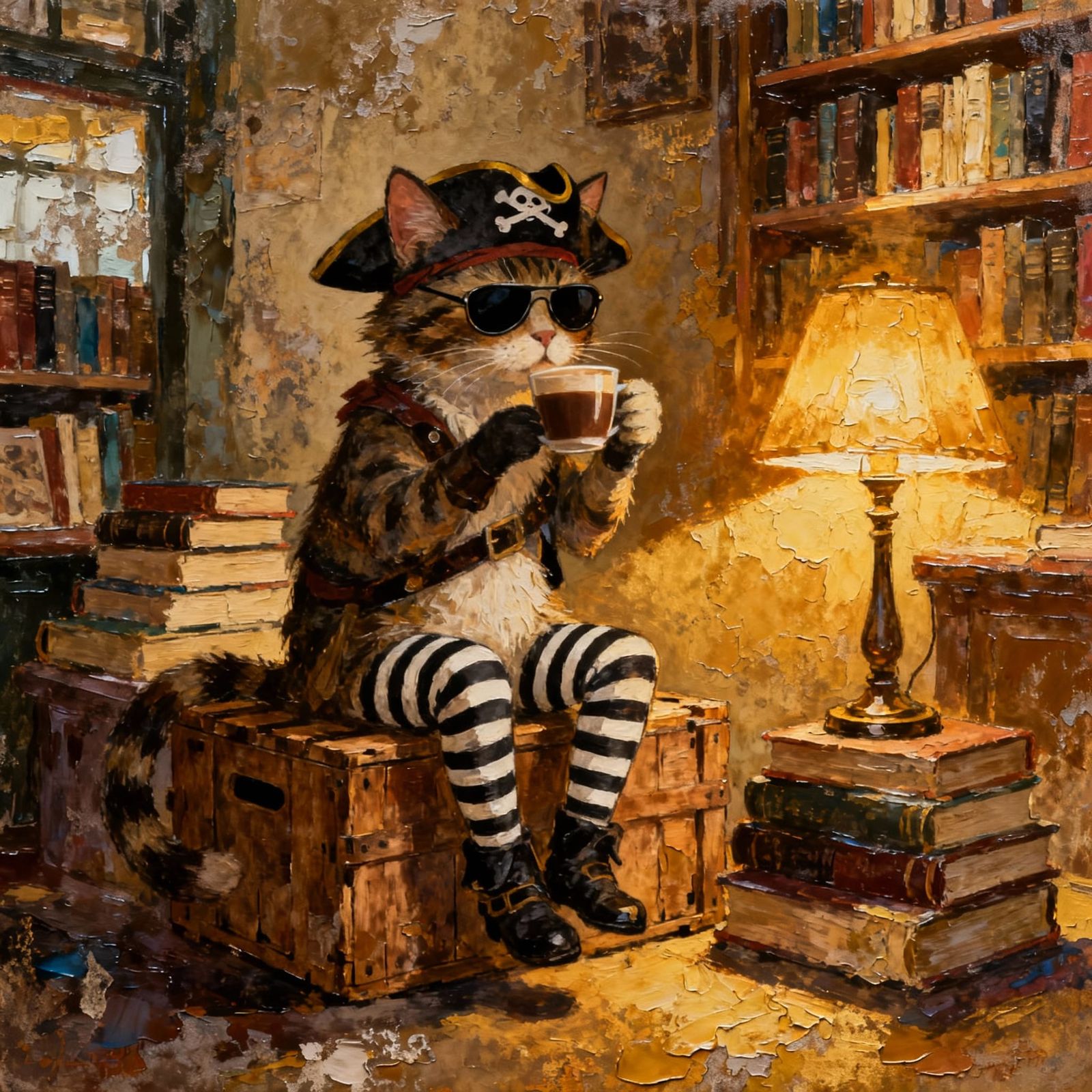 Pirate Cat Encaustic Art with Coffee and Books