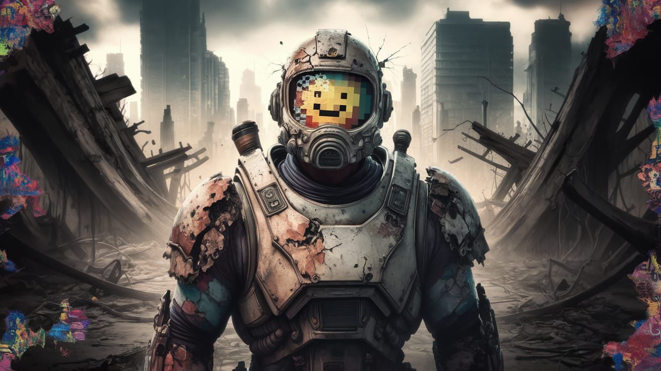 Battle-Hardened Warrior in Crumbling Cityscape