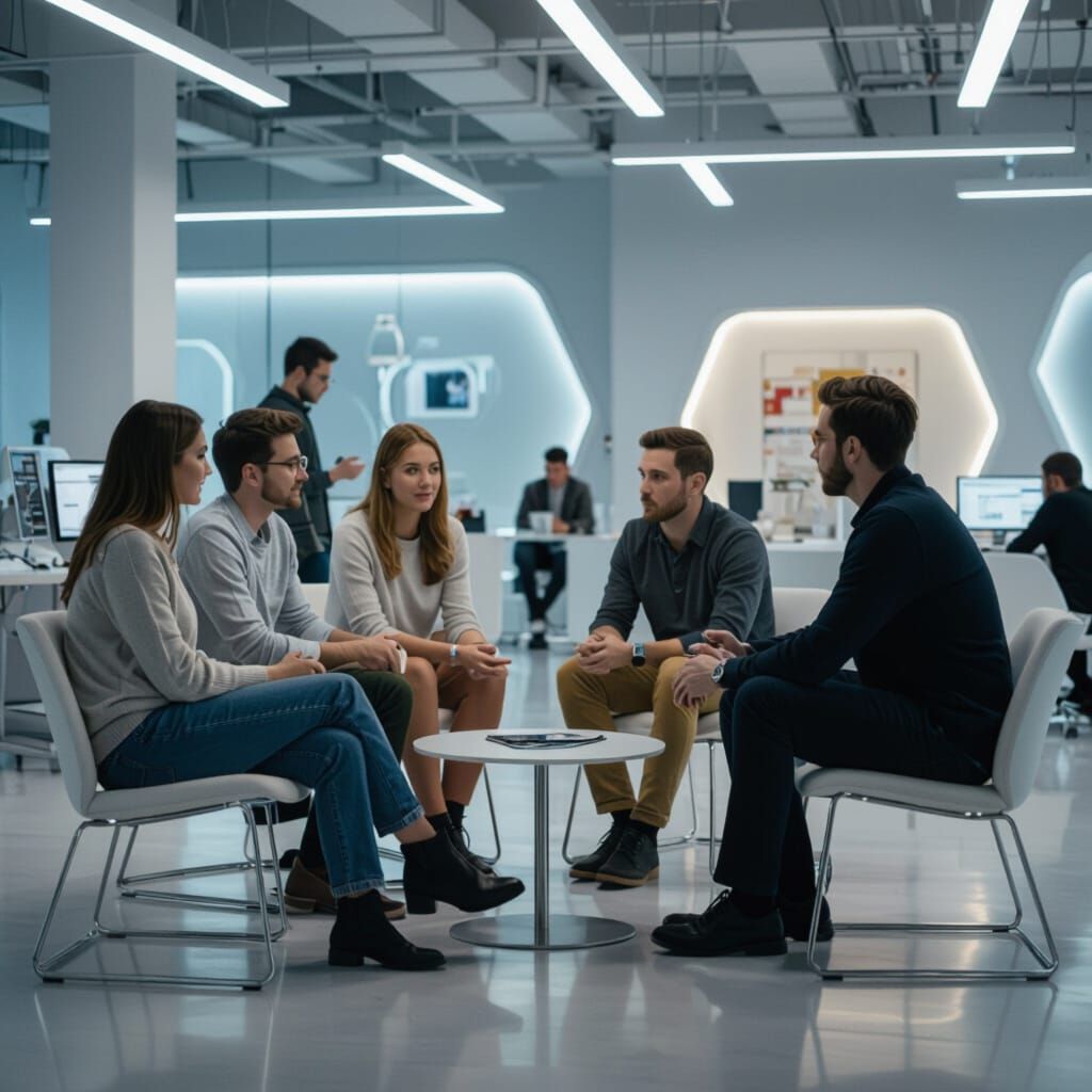 Modern Open-Plan Office with People in Syd Mead Style