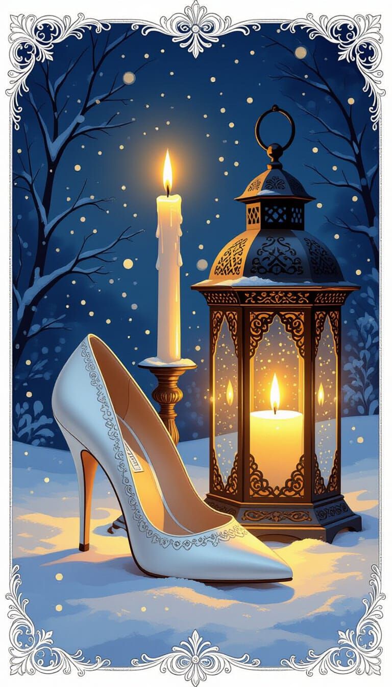 Rococo Shoe and Lantern in Snowy Winter Night