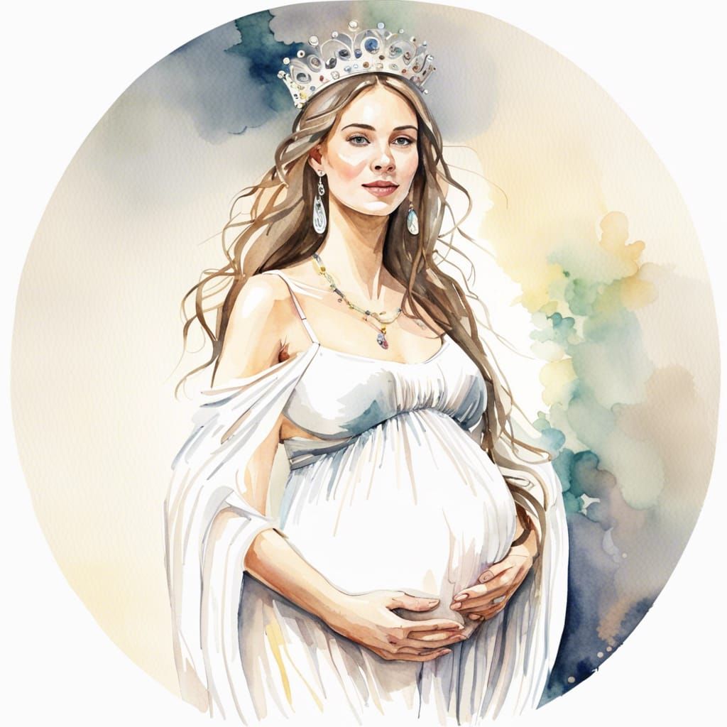 Joyful Pregnant Queen in Watercolor Art