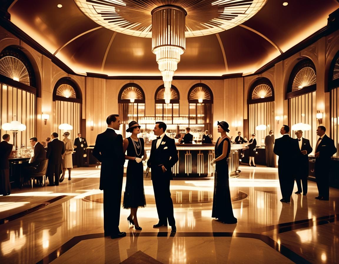 Opulent Art Deco Hotel Lobby in Vintage Photography