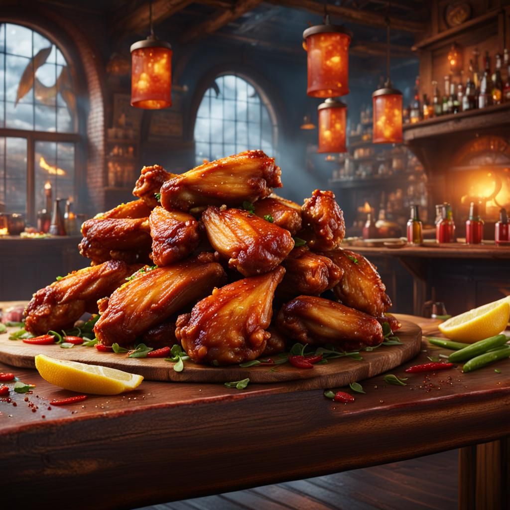 Spicy Buffalo Wings on Bar Table: Detailed Matte Painting