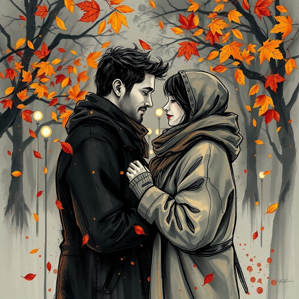 Intimate Autumn Evening in Expressive Ink Style