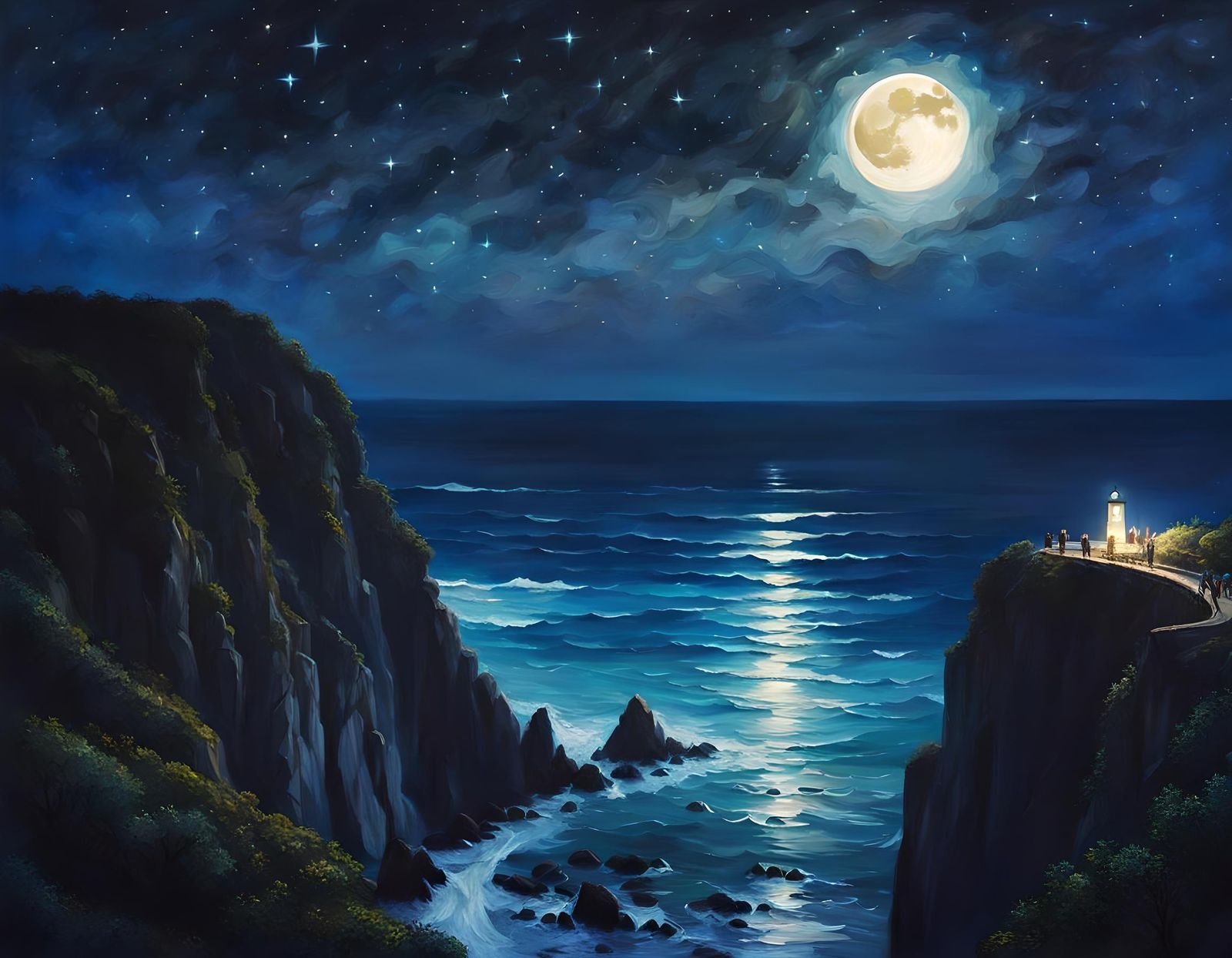 Moonlit Seascape from Cliff Top in Impasto Style