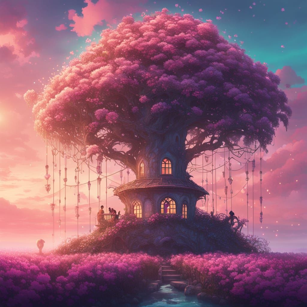 Vibrant Tower Wrapped in Vines: Surreal Fantasy Art