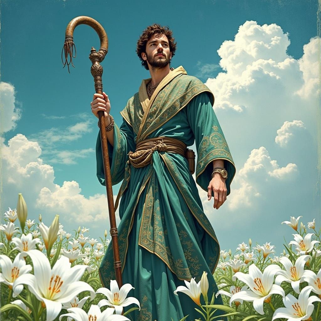 Man in Teal Robe Above Lily Field