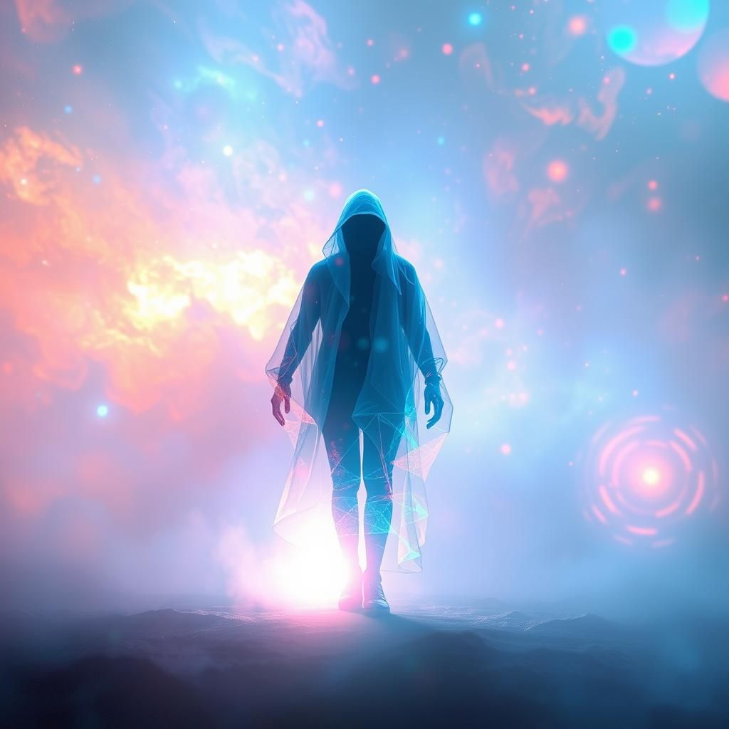 Ethereal Figure in Holographic Dreamscape with Motion Blur