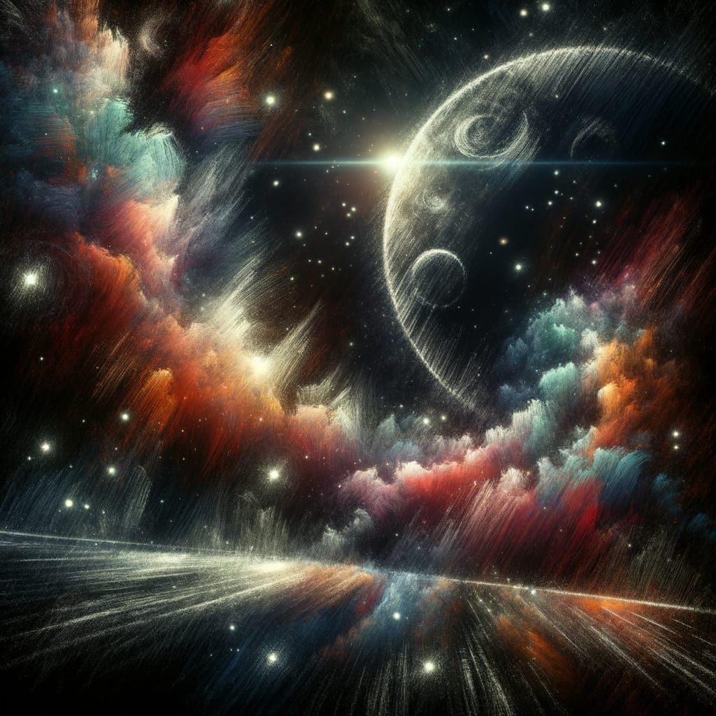 A dramatic cosmic chalk-style illustration of celestial MACH...