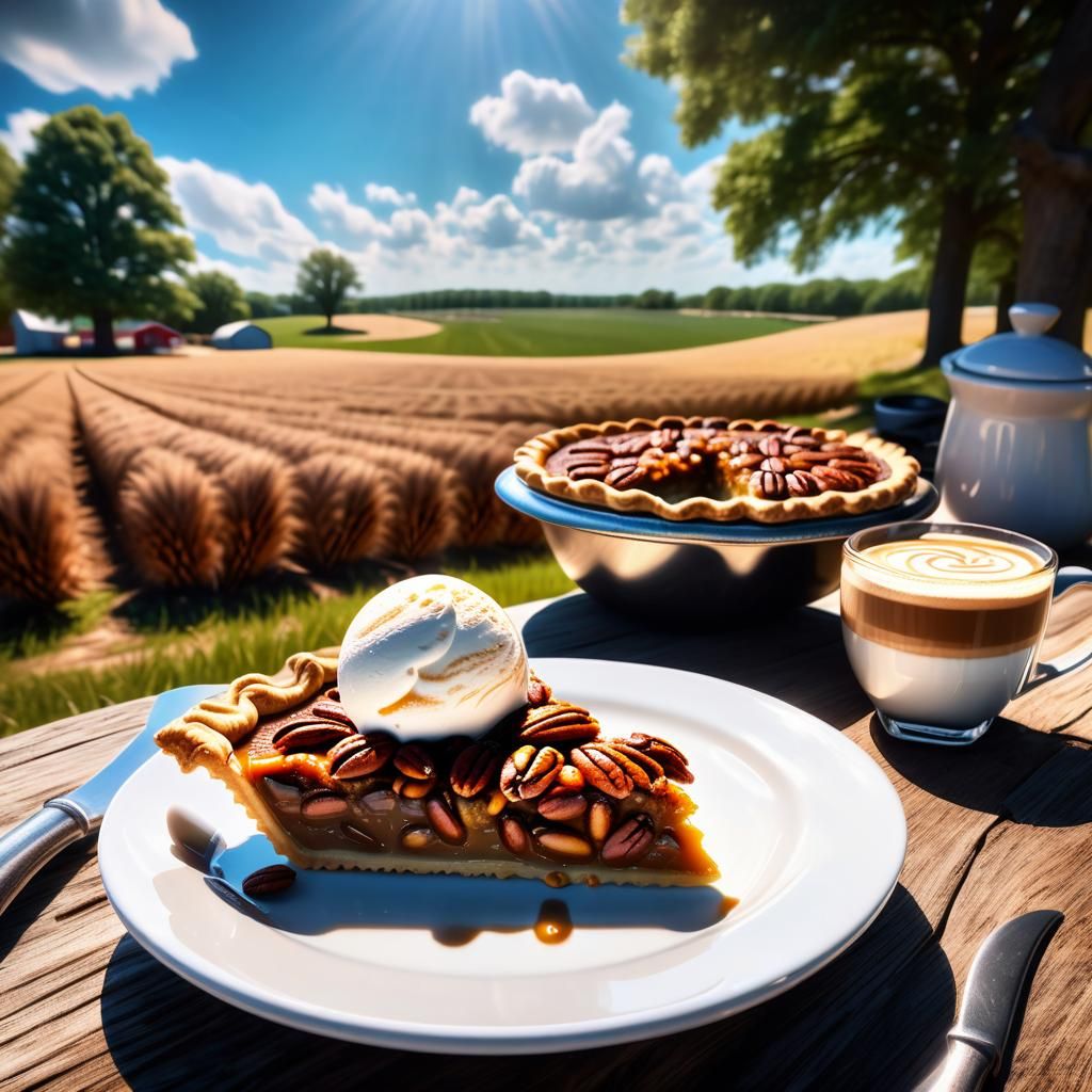 Hyperrealistic Farm Pecan Pie with Ice Cream