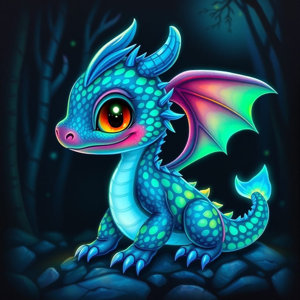 Whimsical Oil Painting of a Glowing Dragon in a Nighttime Fo...