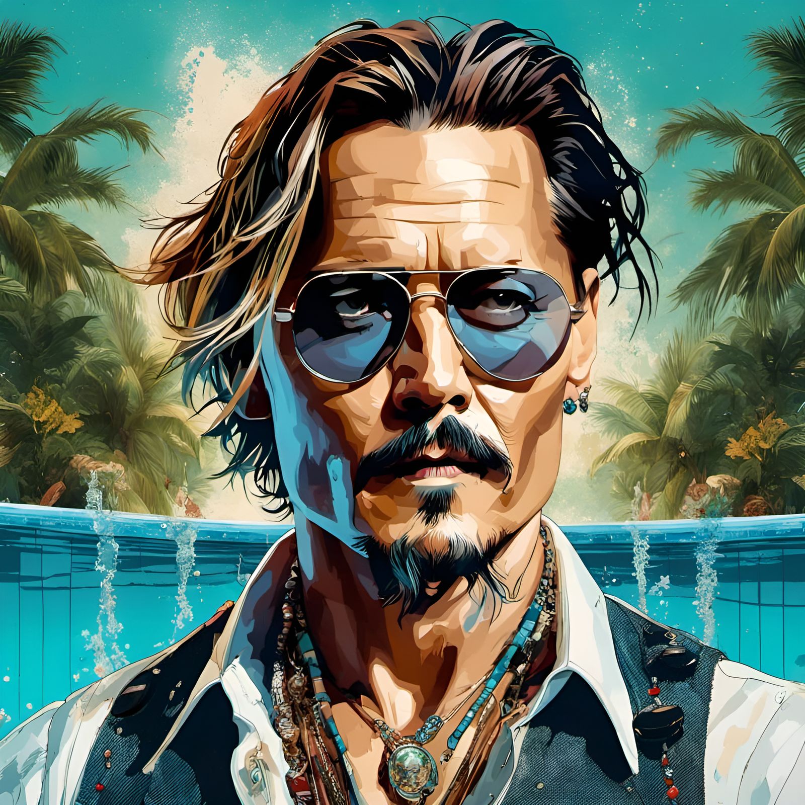 Man in Pool: Digital Portrait with Intricate Motifs