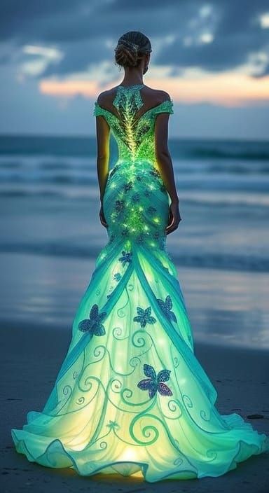 Woman in Lotus Wedding Gown on Beach