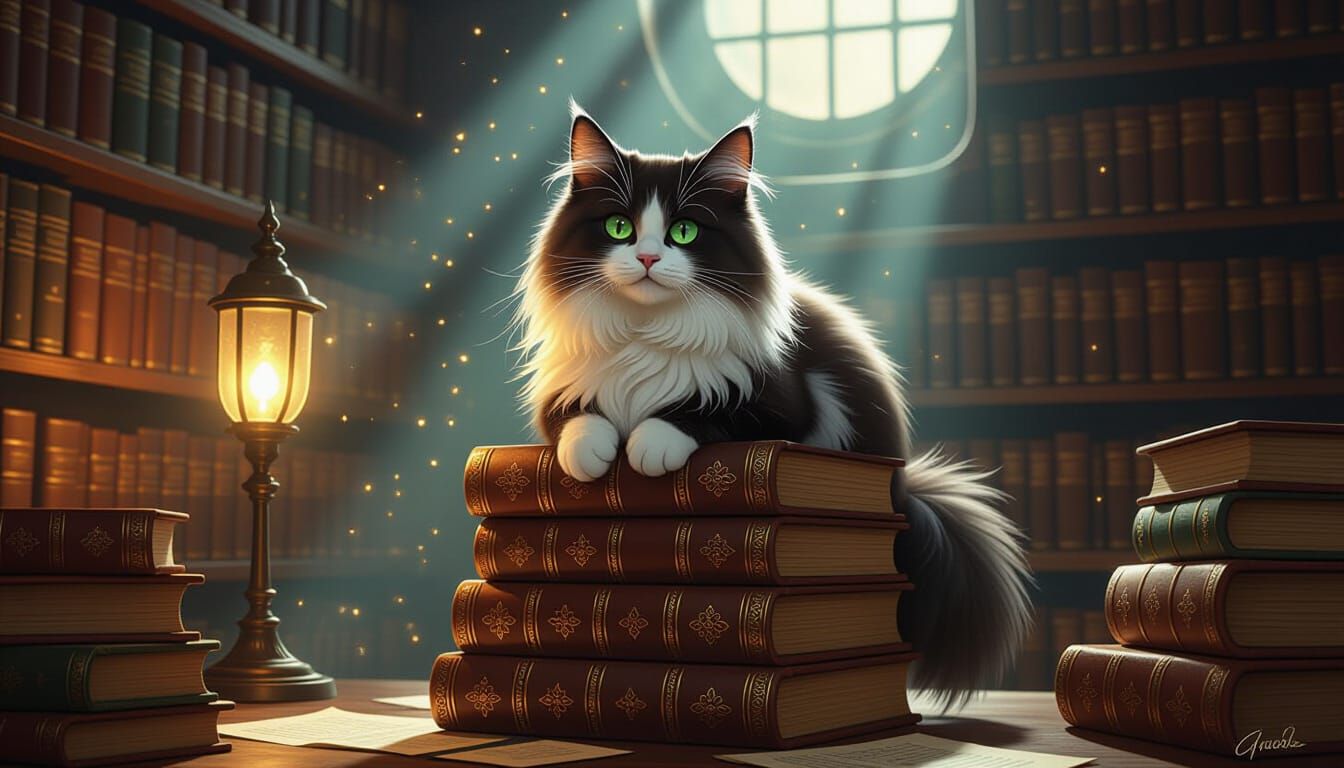 Fluffy Tuxedo Cat in Moonlit Library, Fantasy Art