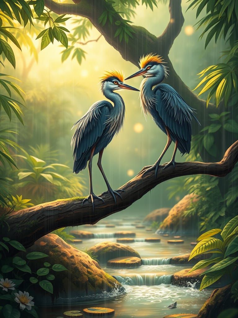Anime-Style Yellow Crowned Night Heron Couple in Lush Jungle