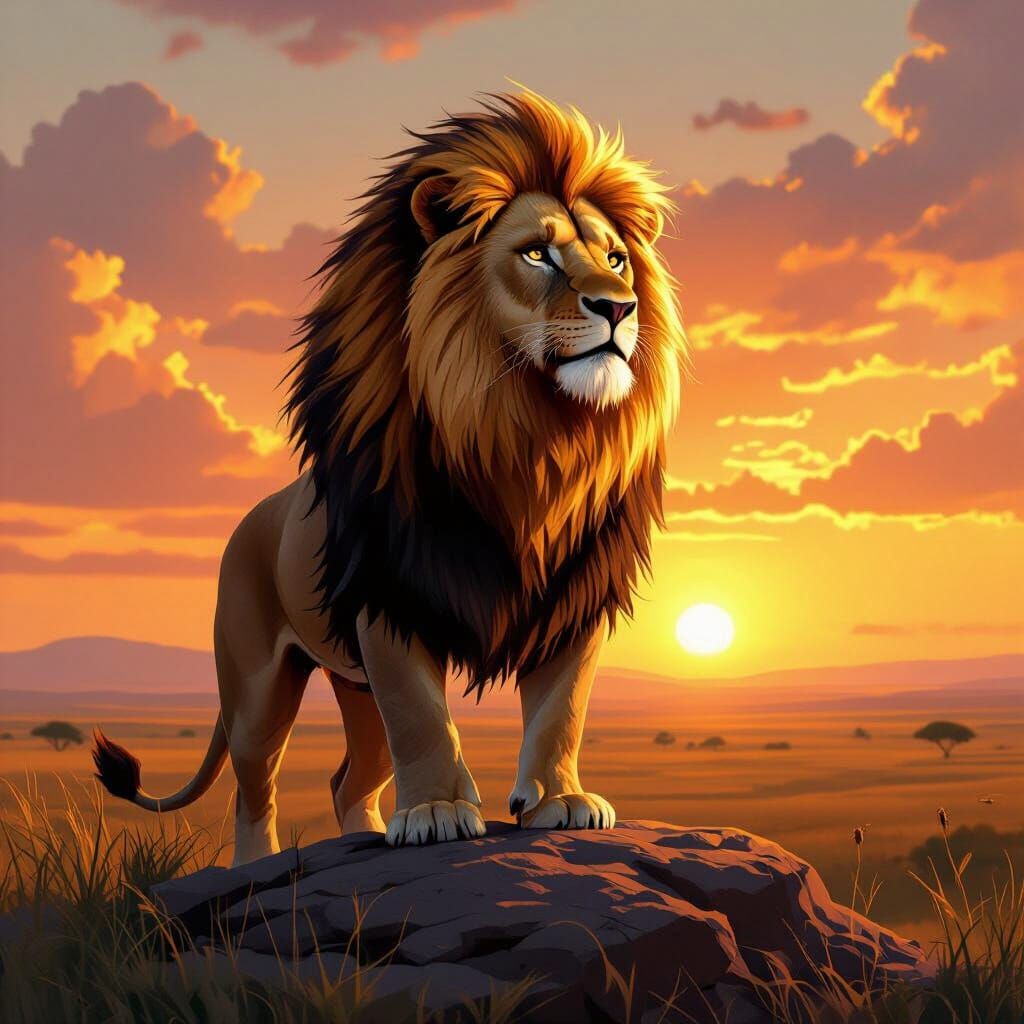 Lion Overlooking Savanna in Digital Painting Style