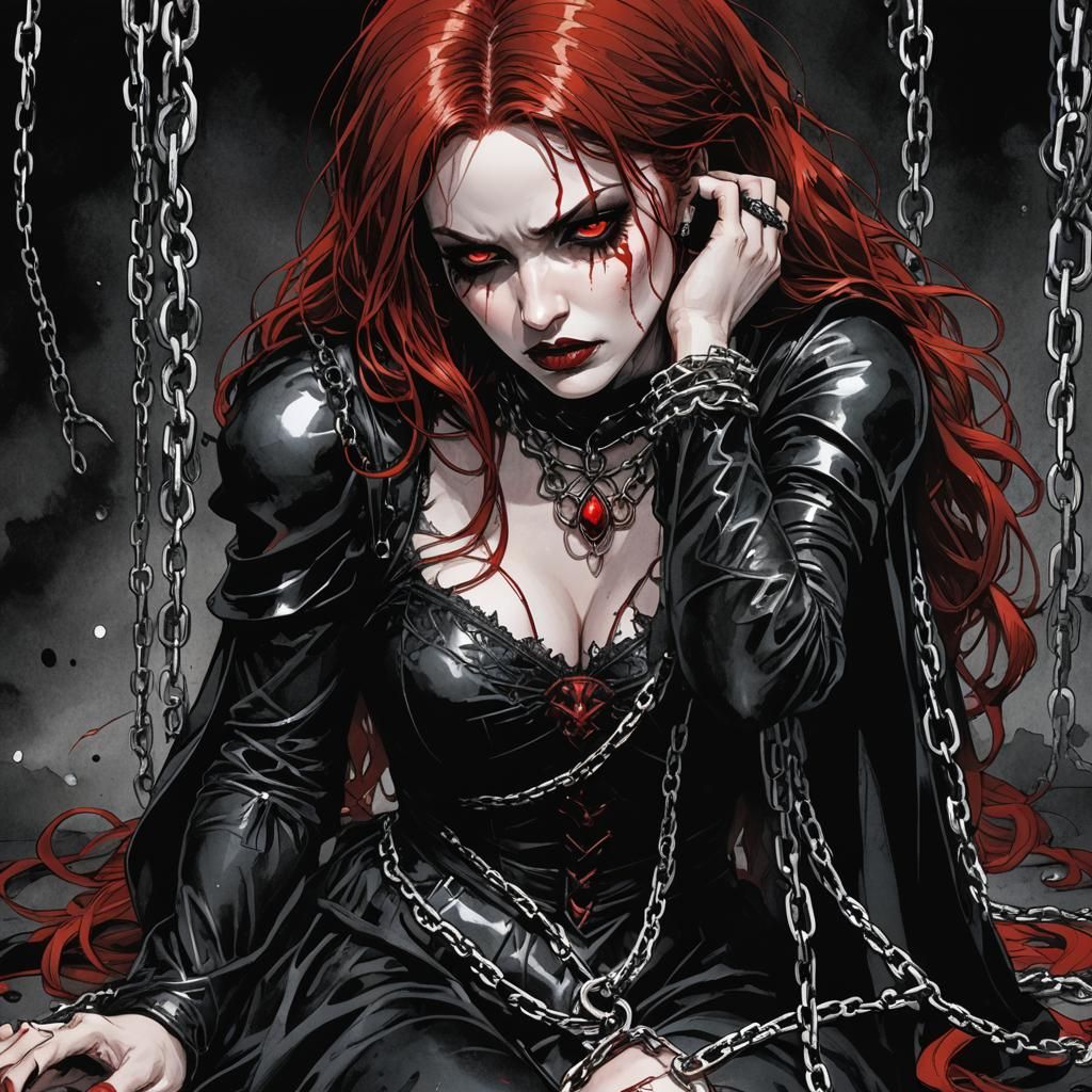 Redhead Vampire Bound in Gothic Comic Art