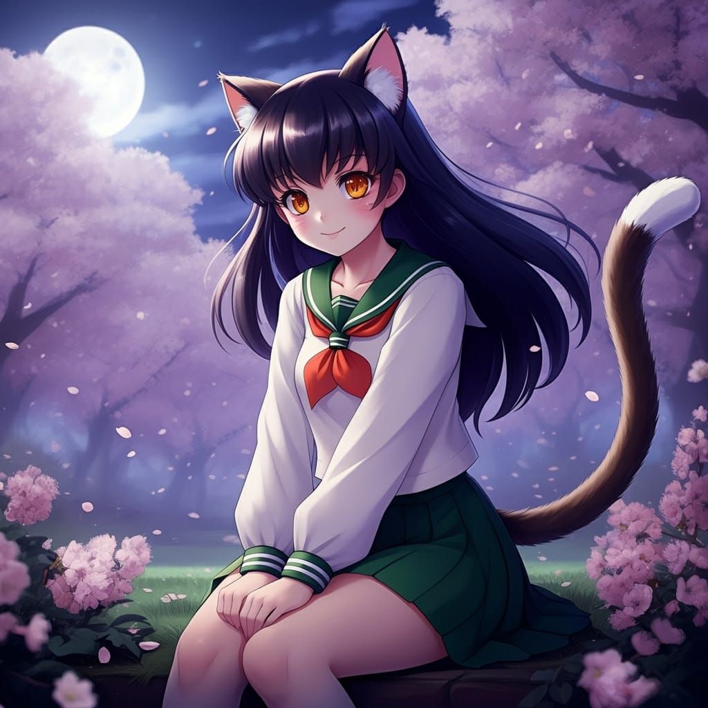 Catgirl Kagome in Moonlit Cherry Blossom Garden