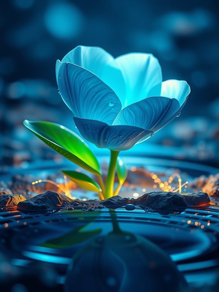 Hyper-Realistic Blue Flower on Glowing Rock