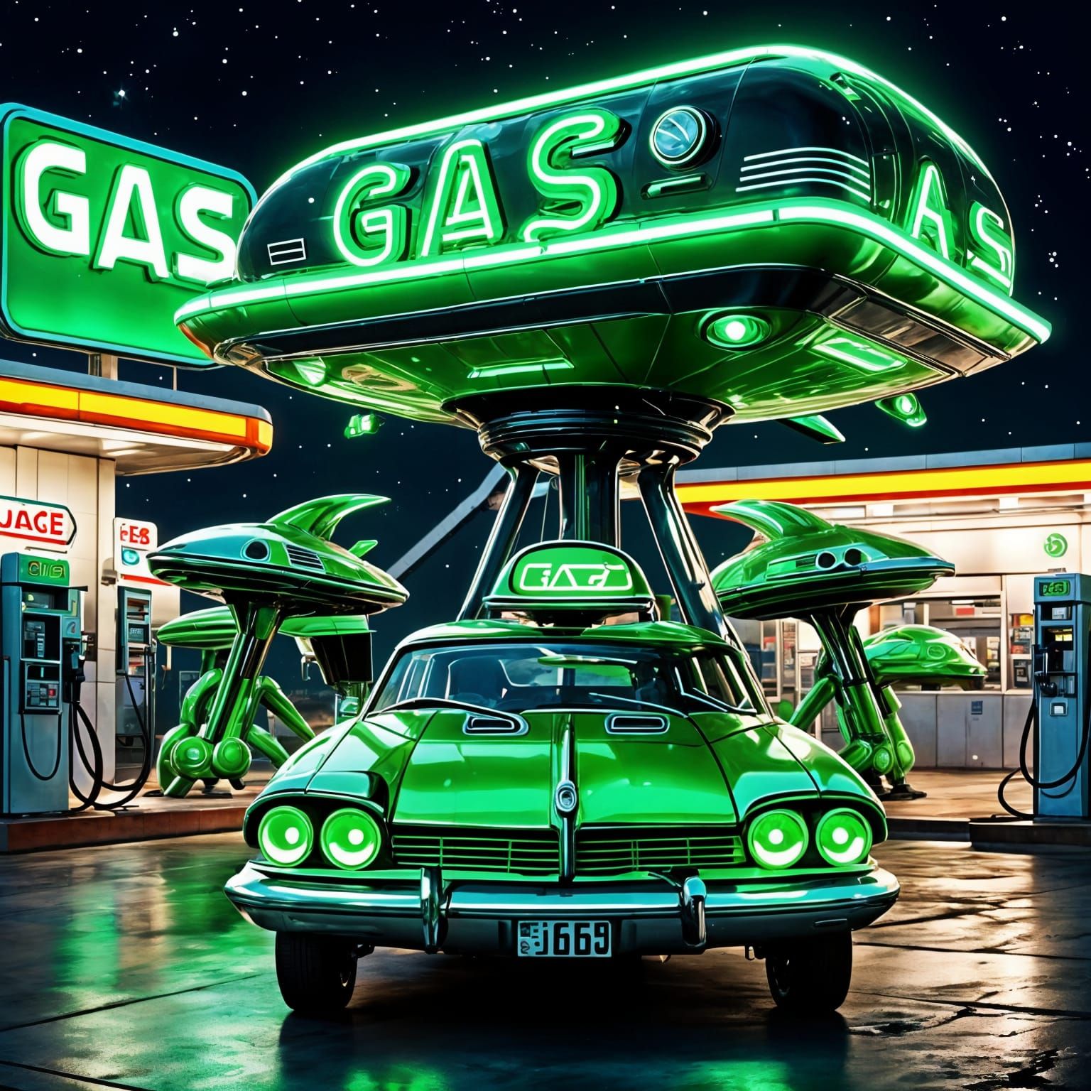 Futuristic Aliens at Gas Station with Spaceships