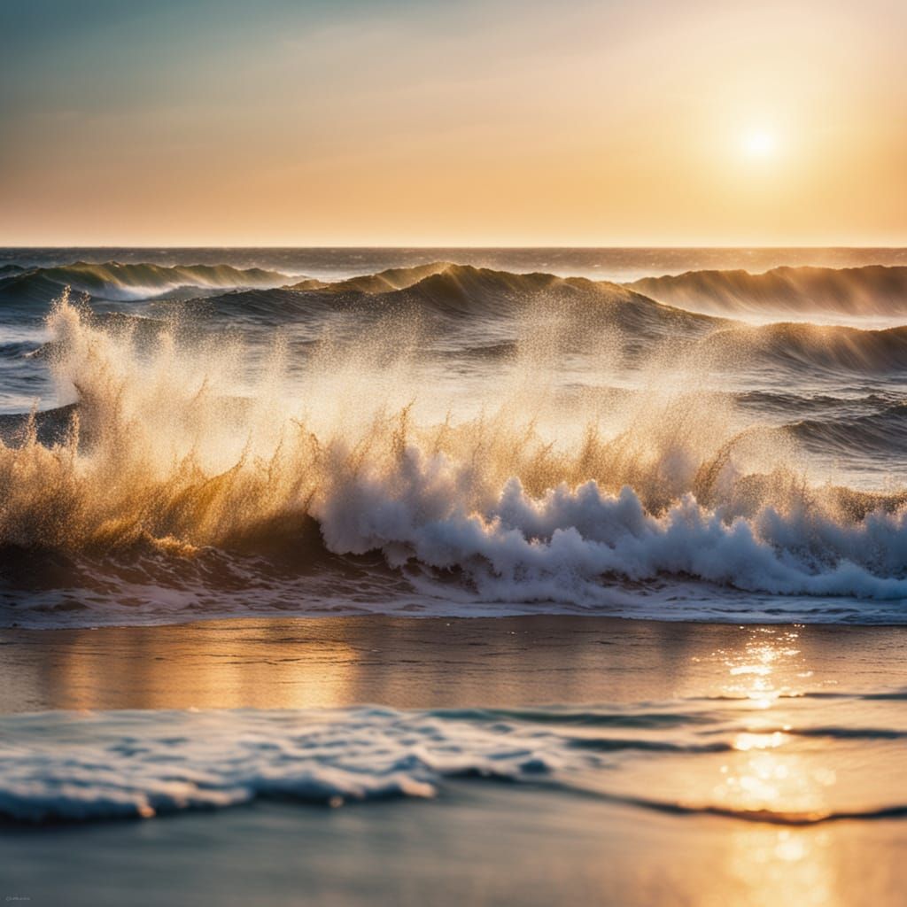 Seascape Photography: Wave Crashing on Shore in Golden Sunli...