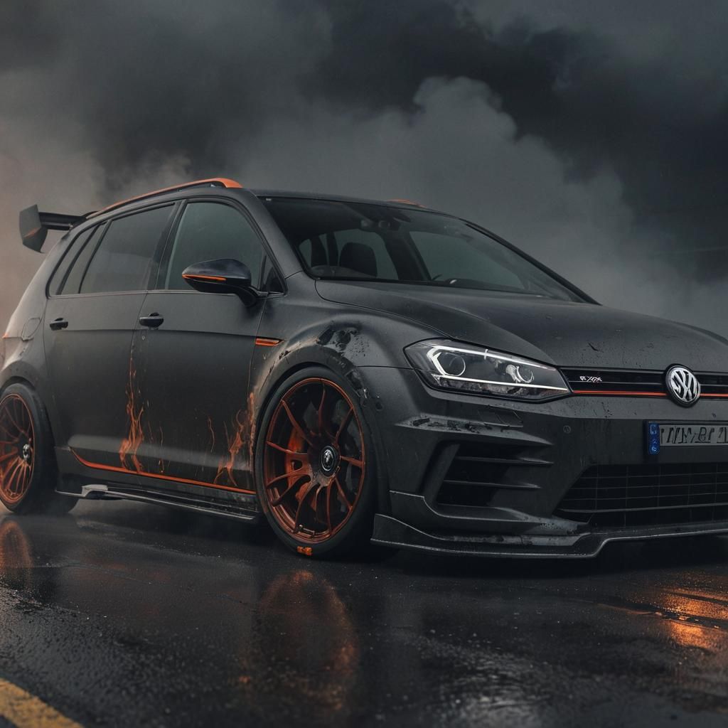 Modified VW Golf 7R Variant Drifting in the Rain