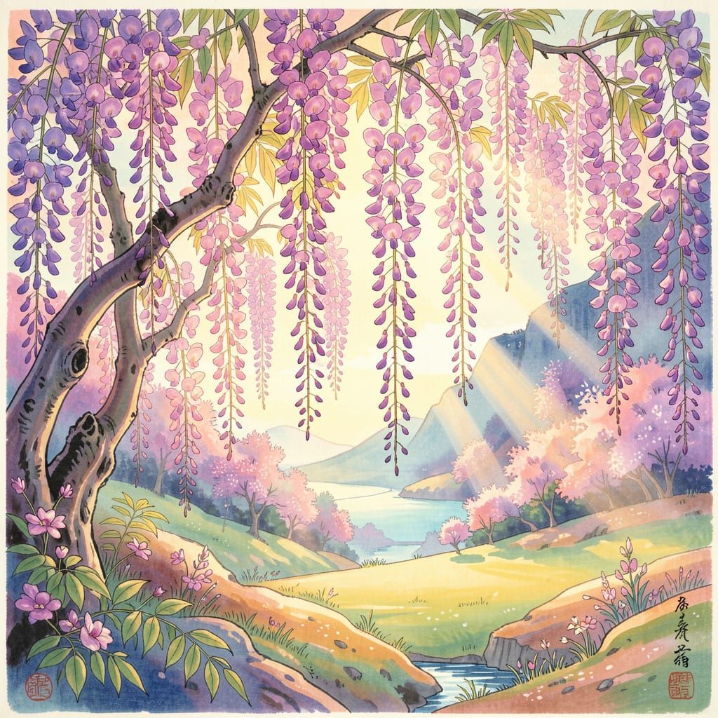 Serene Spring Landscape with Cascading Wisteria